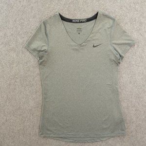 Nike Pro Top Womens Large Gray V-Neck Short Sleeve Active Gym Yoga Stretch